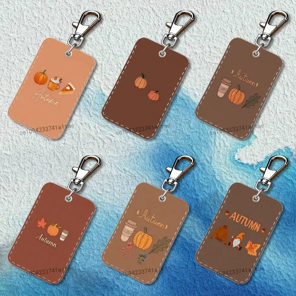 

Autumn leaves pumpkin Rectangle Card Case Keychain Access Card Bag Key Tag Ring Leather Card Holder Key Ring Access