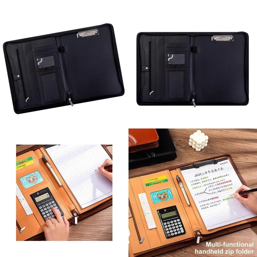 

Y5LB Zippered PU Conference Folder Handle with Calculator Clipboard Multiple Pocket Card Holder Elastic Pen Slot