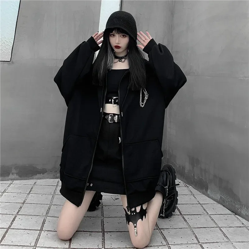 Women\'s Black Devil Horn Hoodies, Harajuku, Punk, Girls, Japanese Pop, Loose Long Sleeve Sweatshirt, Plus Size, Autumn, Winter