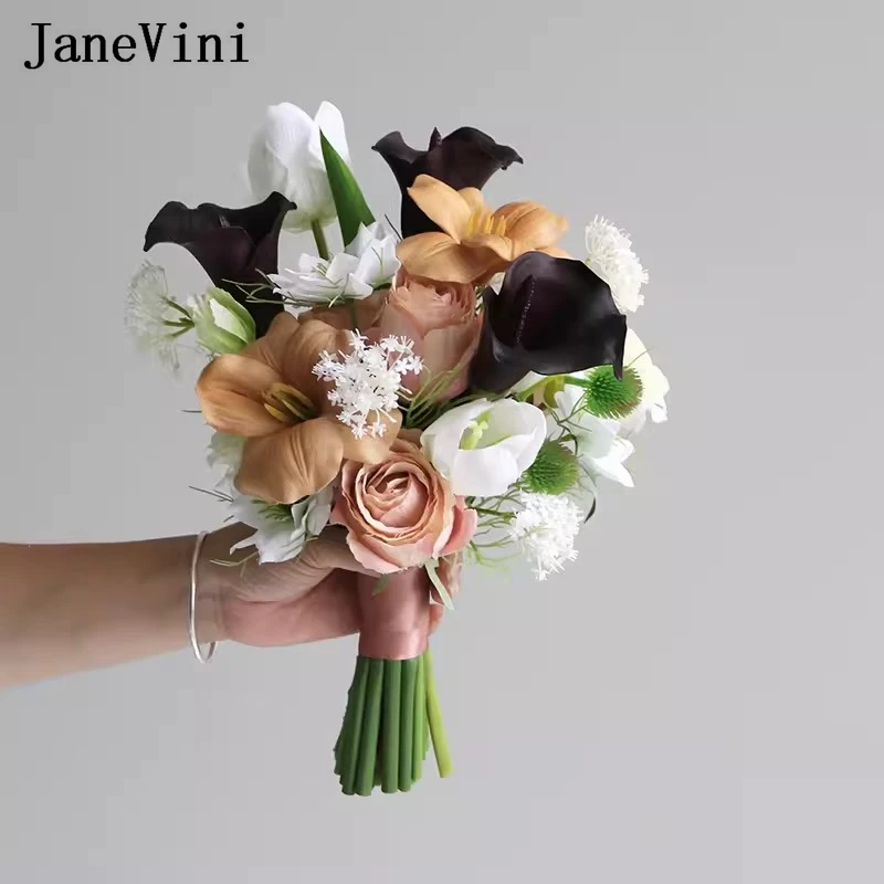 JaneVini-Rosas Artificiais Vintage para Noivas, Calla Lily, Bouquet Falso, Flores Do Casamento, Acessórios De Dama De Noiva, Outono