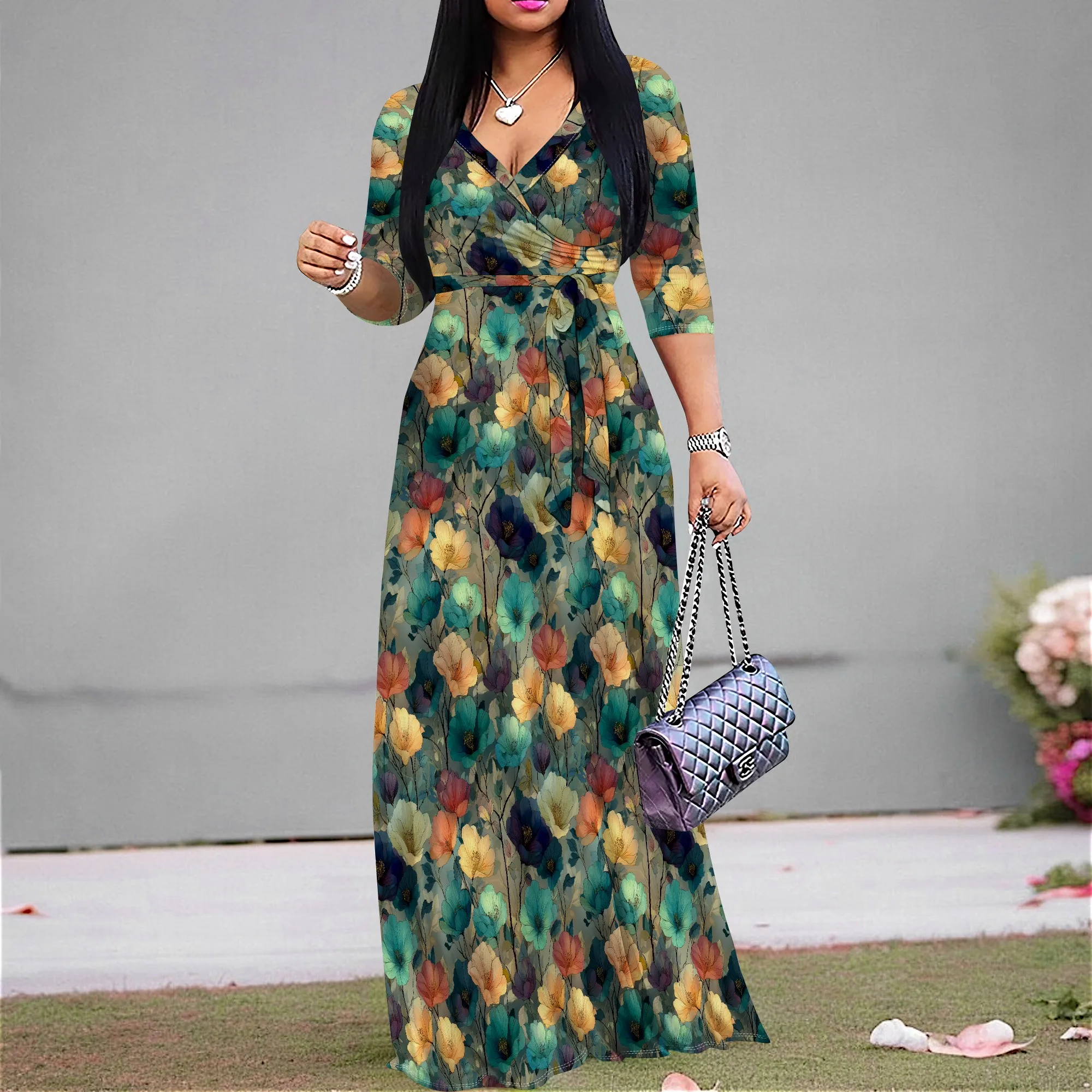 

Floral Wrap Dress with Multi-Color Flowers in Green S-3XL for Casual Days