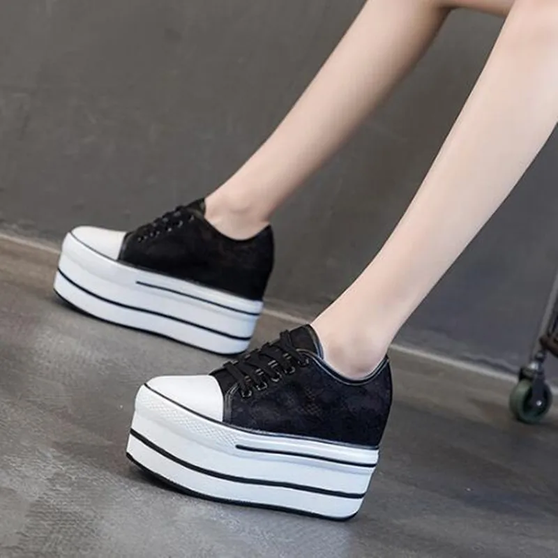 

10.5cm Women 2026 Summer Air Mesh Fashion Ins White Black Genuine Leather Chunky Sneaker Hollow Breathable Platform Wedge Shoes