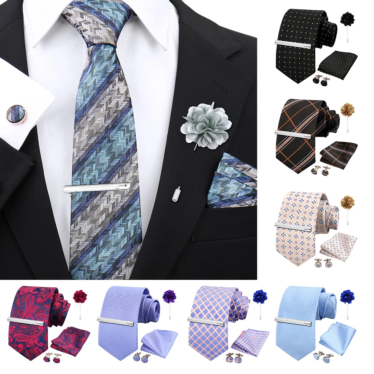 

Elegant Men Tie Gift Set 5 Pcs Cufflinks Handkerchief Tie Clip Brooch Floral Paisley Formal Accessories Party Graduation Gift