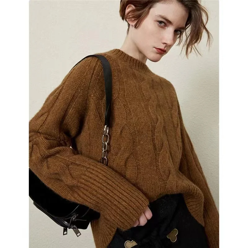 European station round neck thick short cashmere sweater women's loose pullover autumn/winter twisted fleece bottom knit