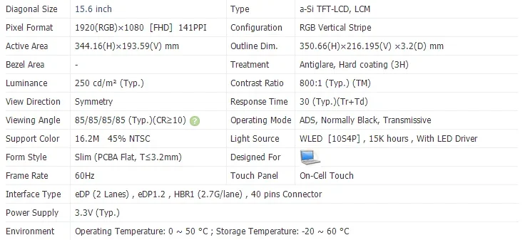 15.6 inch IPS LCD Screen Slim Laptop Panel 60Hz EDP 40pins FHD 1920x1080 250 cd/m² Antiglare On-Cell Touch NV156FHM-T03