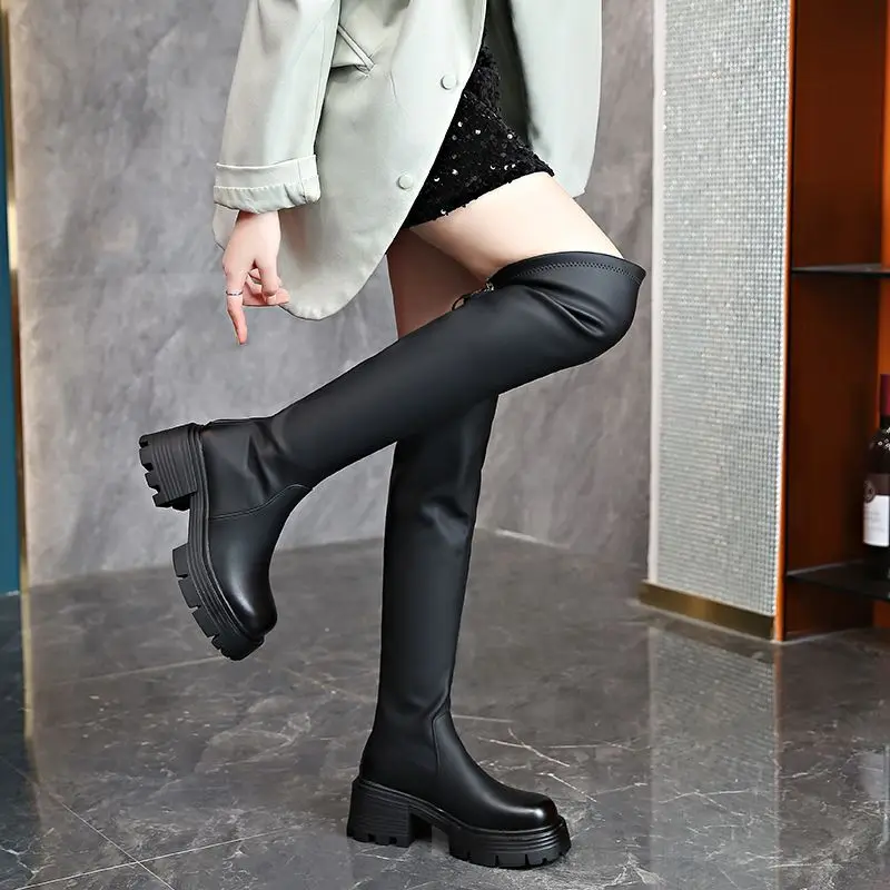 

Black Leather Women's Over The Knee High Boots 7cm Chunky Platform Waterproof Sole Round Toe Zipper Fall Winter 2025 New Style