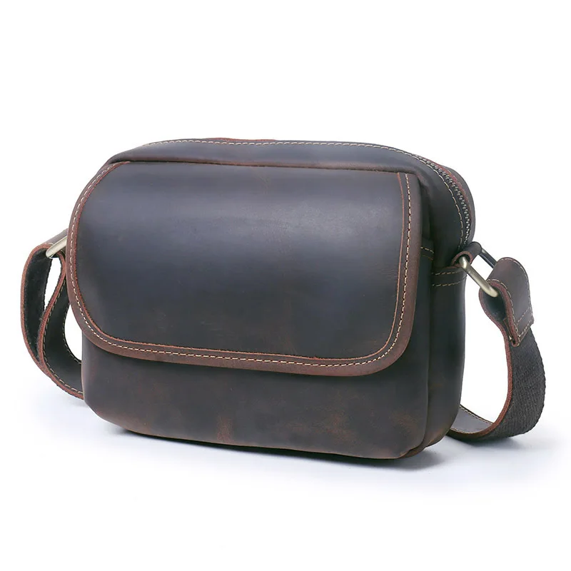 New Men's Distressed Leather Crossbody Bag, Vintage Genuine Pull-Up Leather Shoulder Bag, Spacious Casual Square Purse
