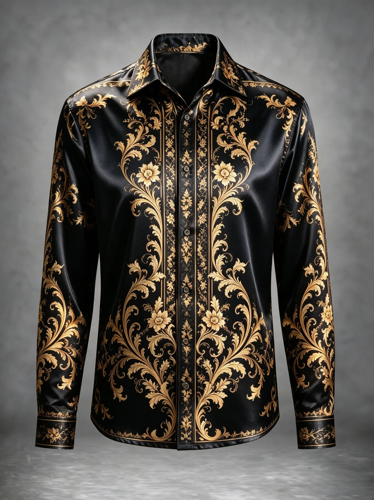 Men's Satin Long Sleeve Shirt Vintage Golden Floral Print Luxury Formal Dress Shirt for Wedding