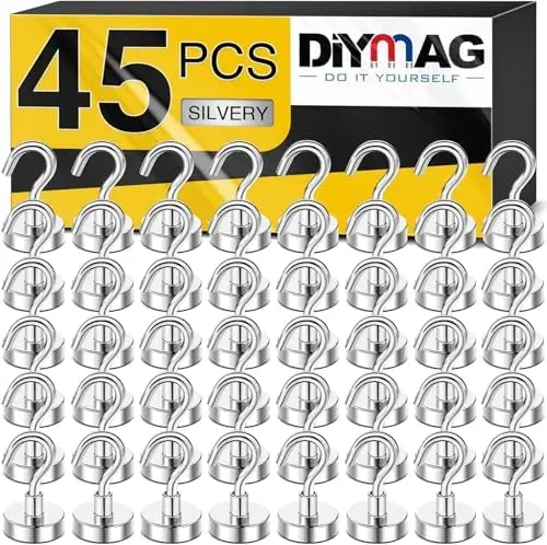 

DIYMAG Magnetic Hooks - Extra Strong Heavy Duty Hangers for Fridge, Grill, Cabins - 45P Silver