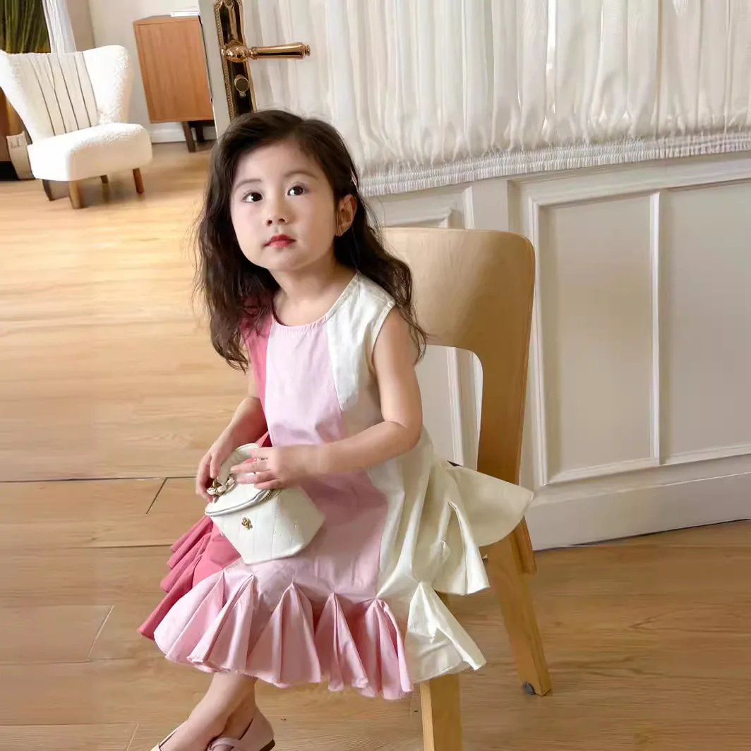 

Korean Clothing Girl's Children's Dress 2024 Summer New Western-Style Color Blocking Girl Sleeveless Vest Skirt