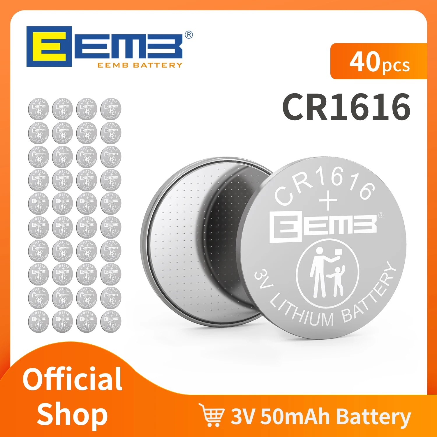 EEMB 40PCS 3V 50mAh Button Battery CR1616 Non-rechargeable Lithium Battery Coin Cell for Scales Car Keys Pedometer  Thermometer