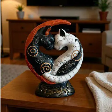 Contemporary resin sculpture featuring monochrome feline motif inspired by traditional East Asian aesthetics and ink-wash artist