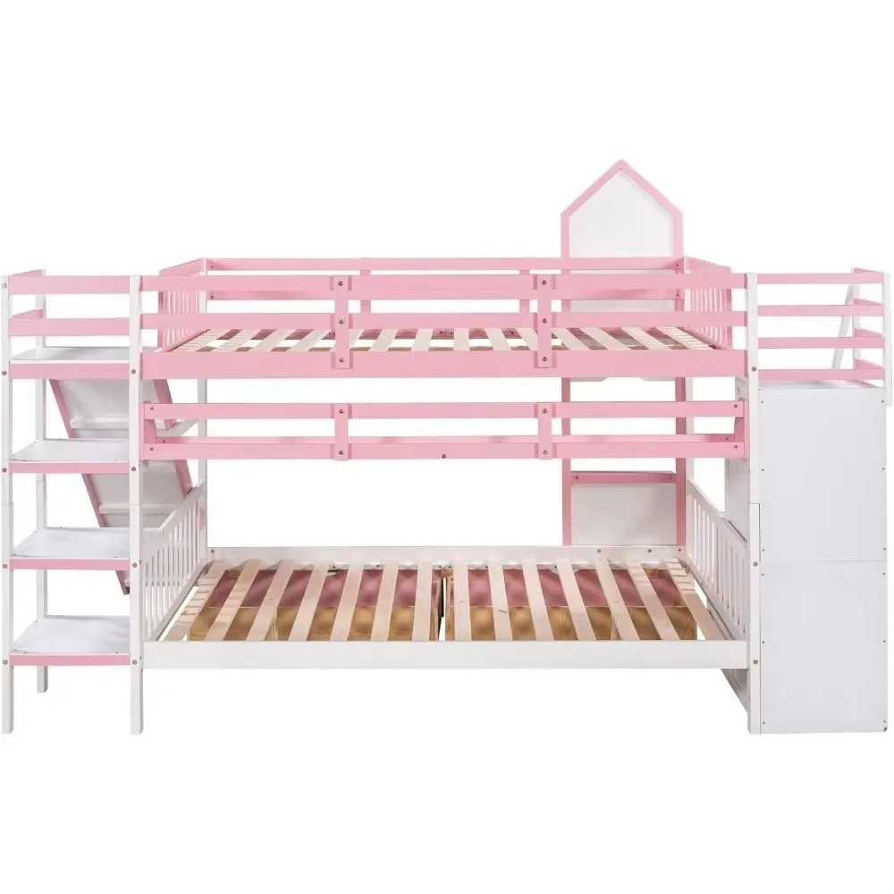 Cama rosa completa, beliche estilo castelo com 2 gavetas e 3 prateleiras, beliche de madeira maciça com escorregador e escada de armazenamento