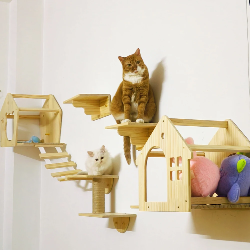 Wall Mounted Cat House Villa Cat Stairs Cat Tree Accessories Wooden Cat House for Sleeping and Resting Wall Pet Furniture