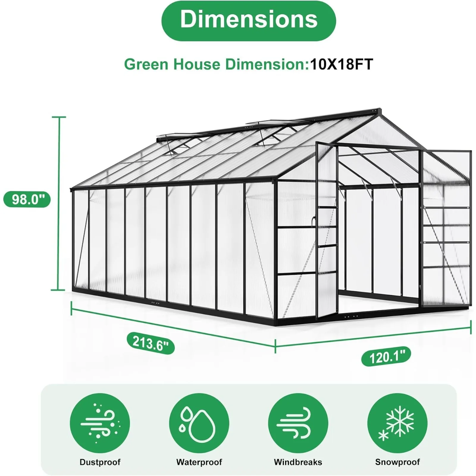 Walk-in Polycarbonate Greenhouse for Outdoors | Aluminum Heavy Duty Green House with Roof Vent and Quick Setup Structure for Outside Garden Backyard, Black