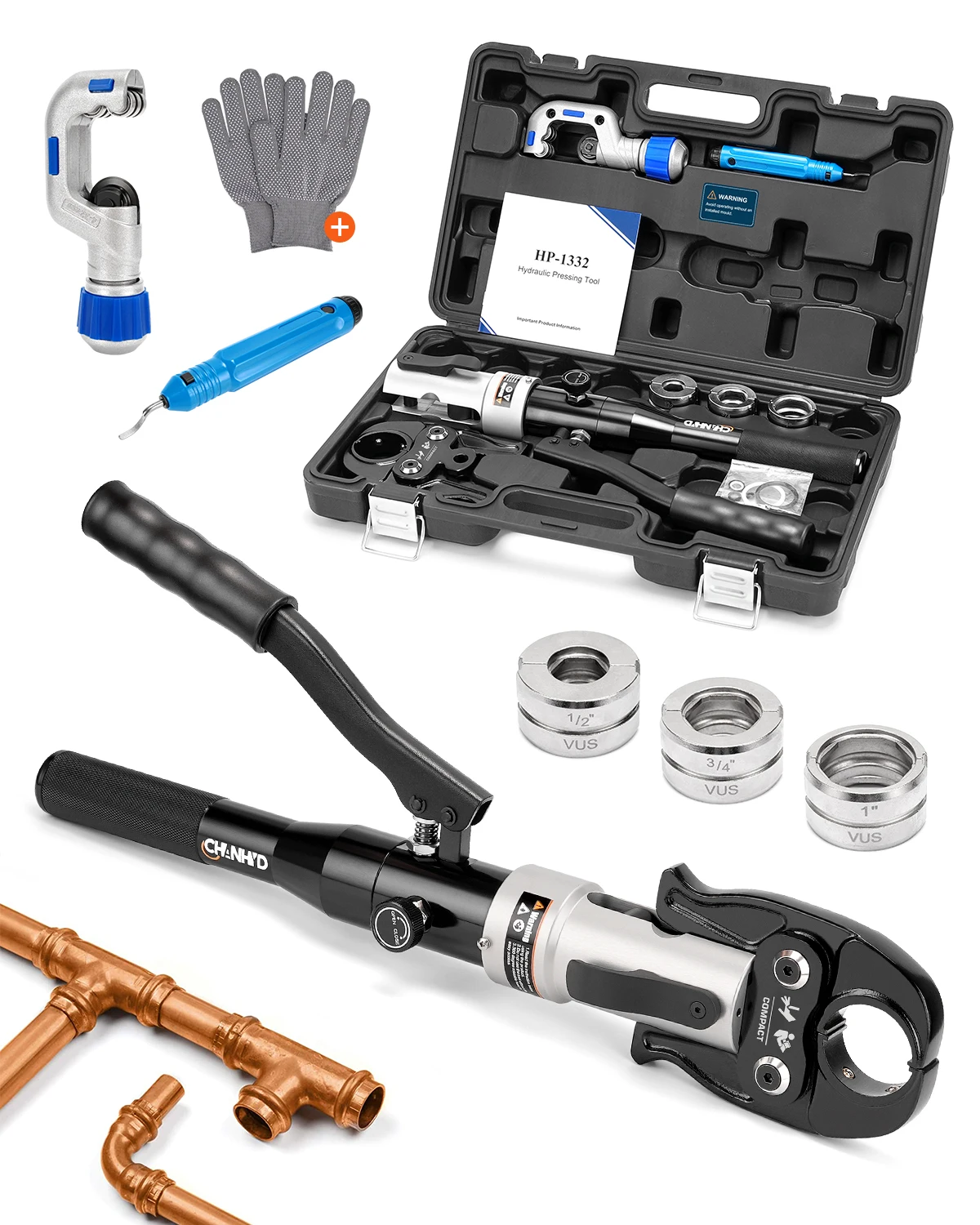Hydraulic Copper Pipe Crimping Tool with 1/2 inch, 3/4 inch and 1 inch Jaw Copper Pipe Propress Crimpers Pressing Pliers, Copper Tube Fittings Pipe Crimpers (Black, HP-1332VUS)