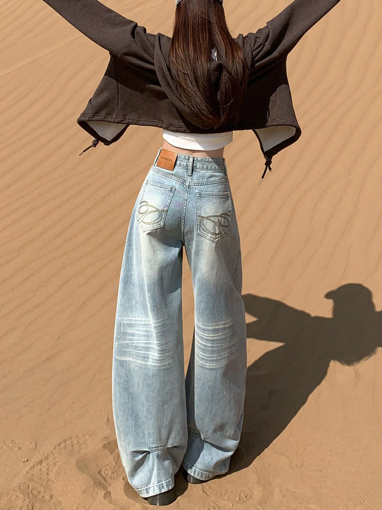 

Women's Wide Leg Jeans High Waist Straight Cut Lazy Sle Personalized Design American Loose Floor-Length Trousers