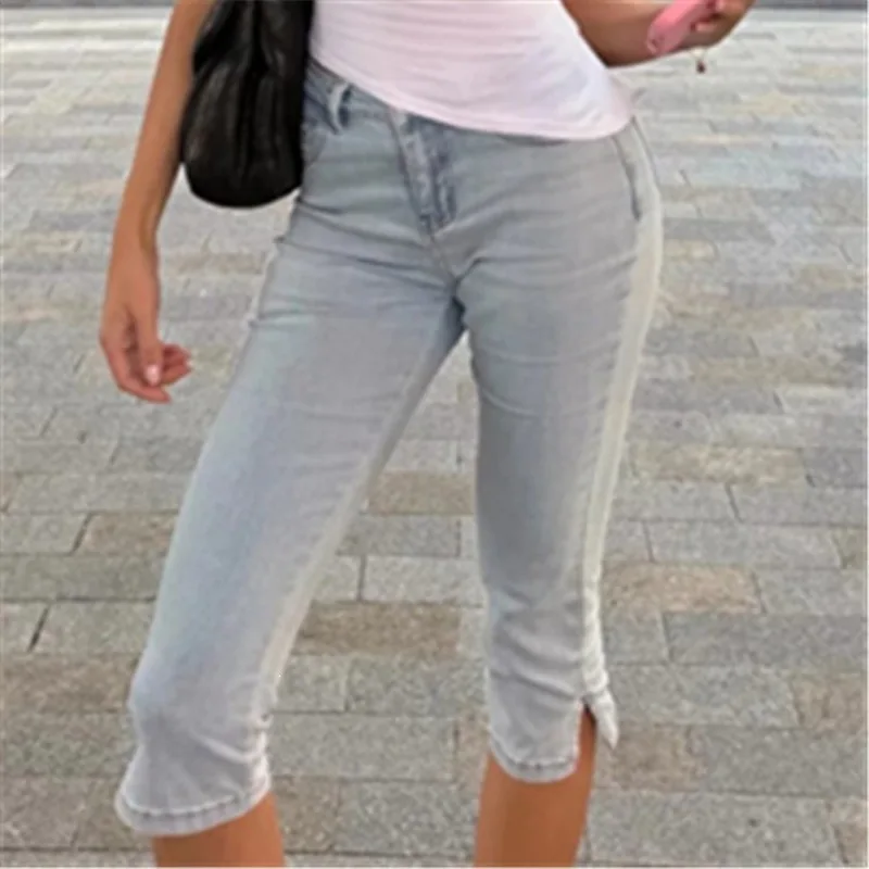 Women's Classic Stretch Pants Split Hem Skinny Cropped Jeans Kendall Jenner Style High Waist Casual Slimmin