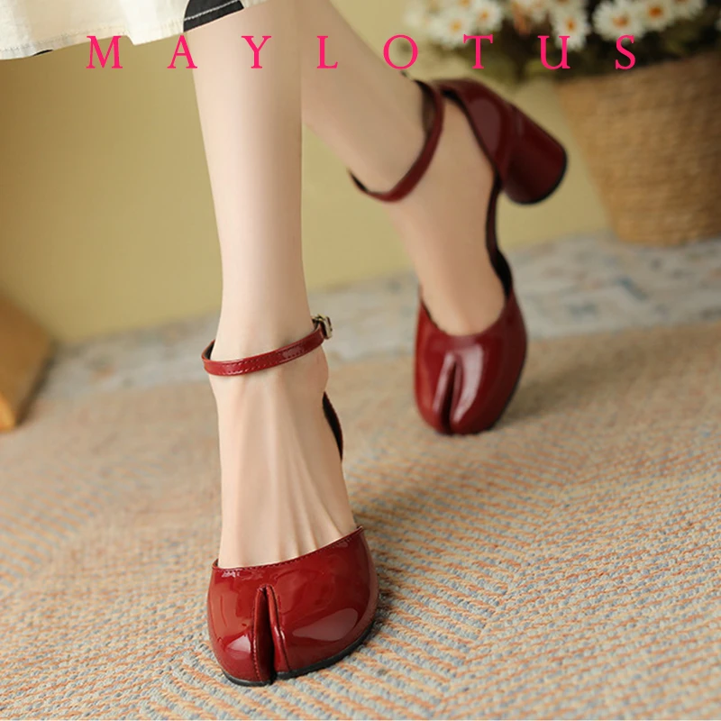 Split Toe Shoes 8cm High Heel Tabi Shoes Elegant Patent Leather Women Footwear Ankle Strap Buckle Lady Moccasins Shoes