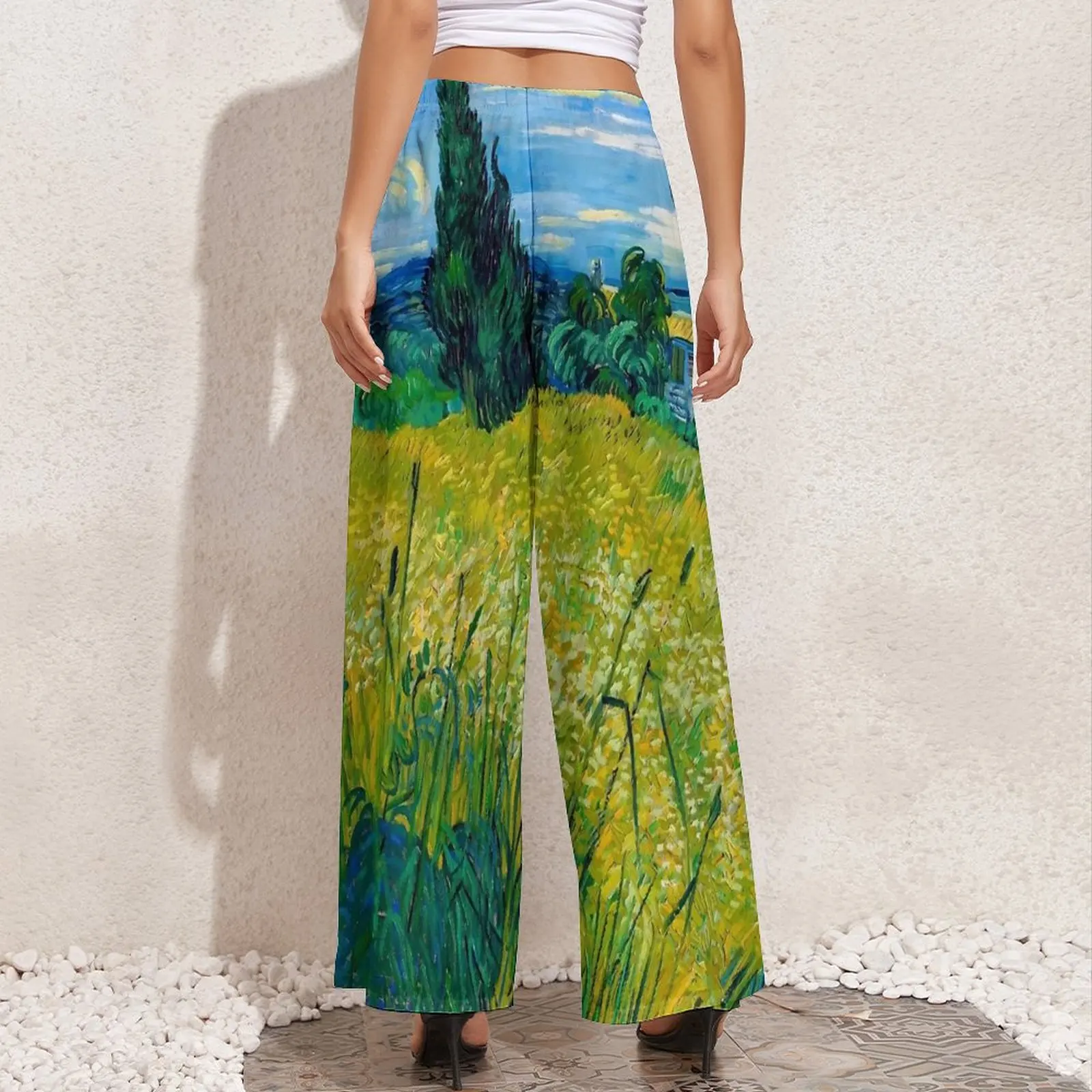 Van Gogh Pants Green Wheat Field Kawaii Wide Leg Pants Female Big Size Aesthetic Pattern Straight Trousers