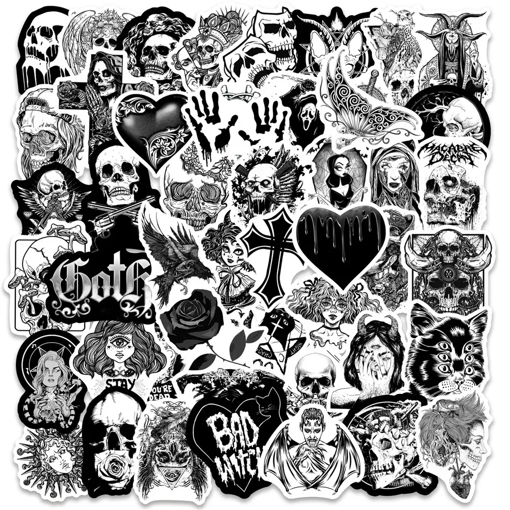 10/30/50PCS Mix and Match Black and White Gothic Horror Graffiti Stickers Notebook Guitar Trolley Case PVC Stickers Wholesale