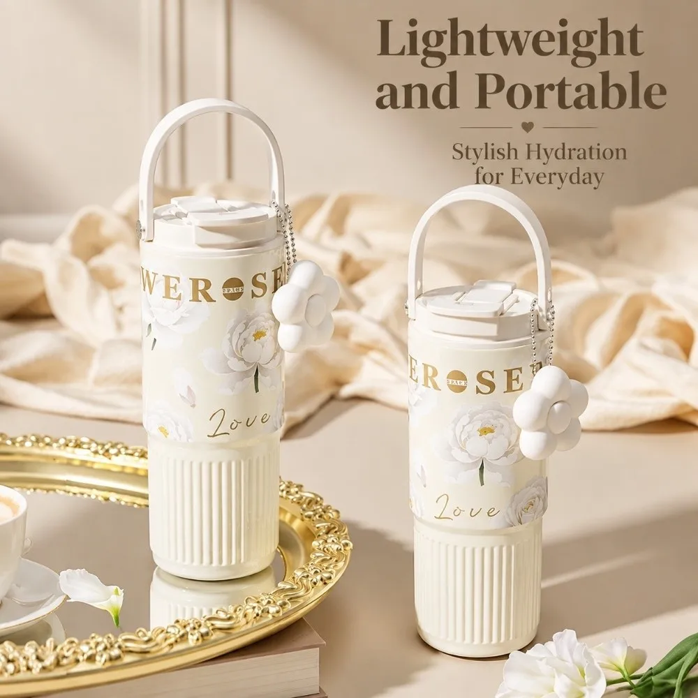 Stylish 750ML Water Bottles Leakproof Portable Insulated Thermal Cup Floral Printing Stainless Steel Tumbler for Lady Girls