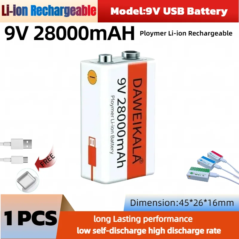 Batería de litio recargable de 28000mAh, 6900mAh, 9V, carga USB para micrófono/detector de humo/pedal de guitarra/radio de larga duración