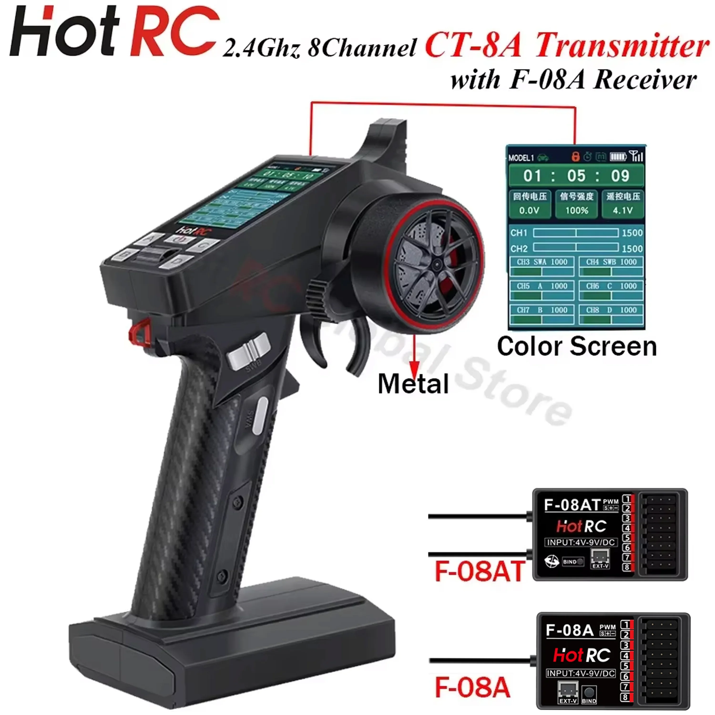 

HOTRC CT-8A 8CH 2.4Ghz Transmitter Remote Control F-08A F-08AT Radio System 8 Channel Receiver for RC Model Car Boat Ship Tank