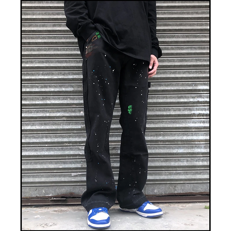 Jeans Hip Hop Cargo FJMen, Graffiti, Patchwork Cargo, Pantalon évasé, Noir, Splash Ink, Jambe droite