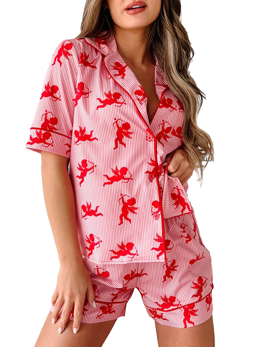 Женский пижамный комплект с принтом ангела, топ с короткими рукавами и шортами, одежда для сна, домашняя одежда