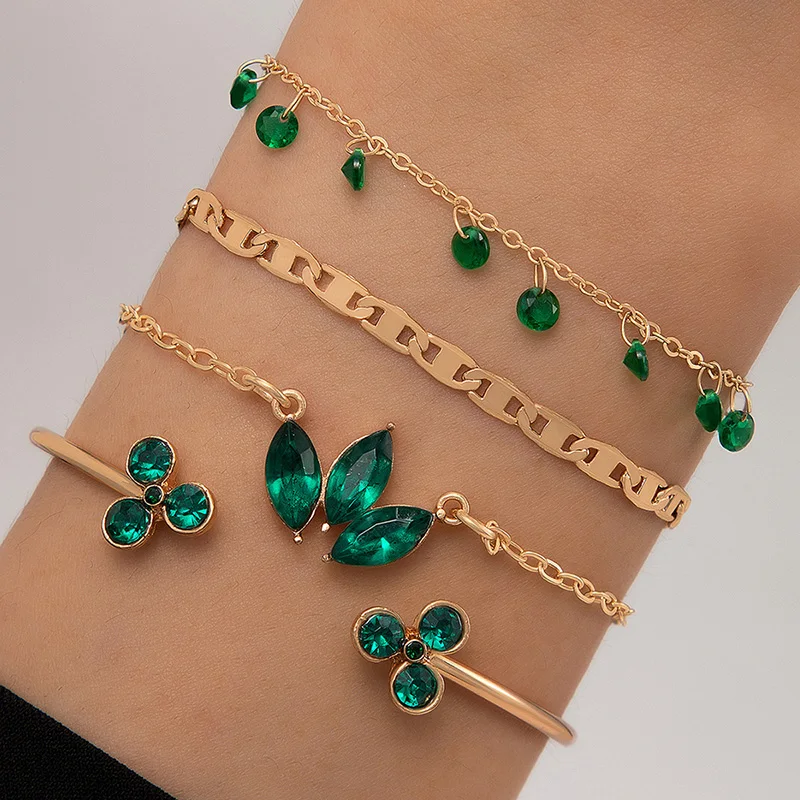 Tocona Vintage Green Brick Inlaid Flower Leaf Four Piece Bracelet for Women\'s Geometric Alloy OT Open Bracelet Set браслет 23654