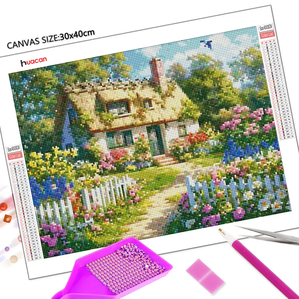 Huacan 5D Diamond Painting House Garden Diamond Mosaic Landscape Complete Kit Wall Decor