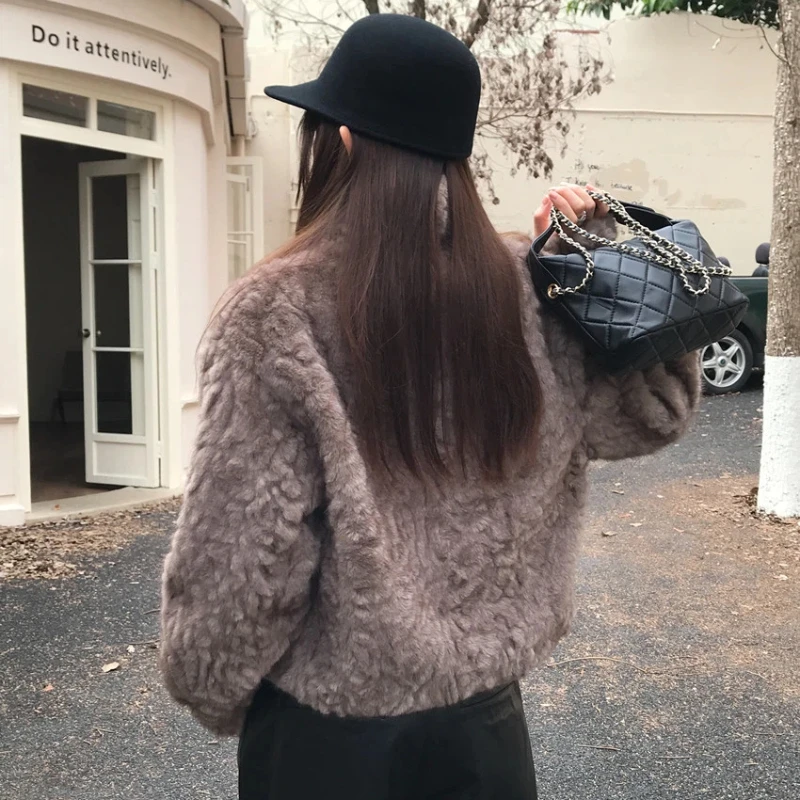 Elegant Short PU Fur Jacket Coat Winter for Women Stand Collar Horn Button Furry Thicken Overcoat Outerwears Female 2025