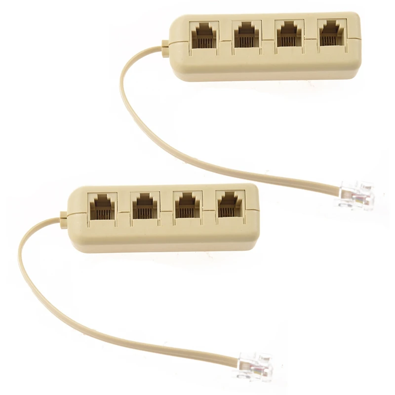 2X RJ11 6P4C To 6P4C 4 Way Telephone Line Modular Splitter Adapter Beige