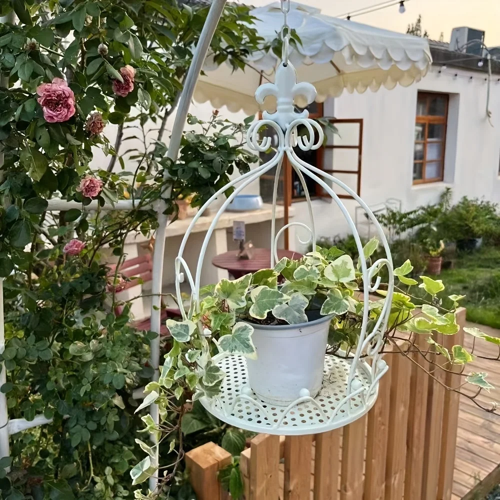 Antique Style Crown Hanging Basket, Wrought Iron Outdoor Planter, Rustic Garden Flower Pot Holder for Patio & Courtyard Decor