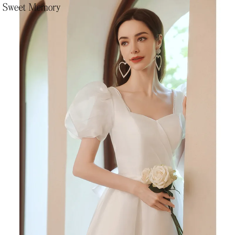 S9148 abito da festa di nozze da donna Bride Princess White Puff Sleeves Lace Up Back Birthday Court Chorus Prom abiti da sera