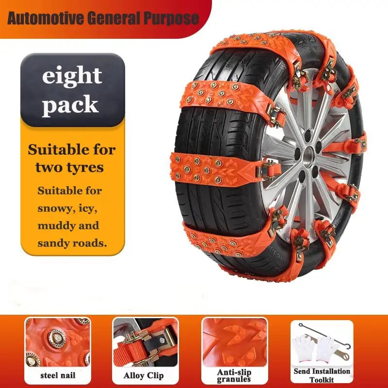 

8-Pack Universal Tire Chains With Steel Nails & Alloy Clips For Snow Ice Mud Sandy Roads – 1-Minute Fast Install Including