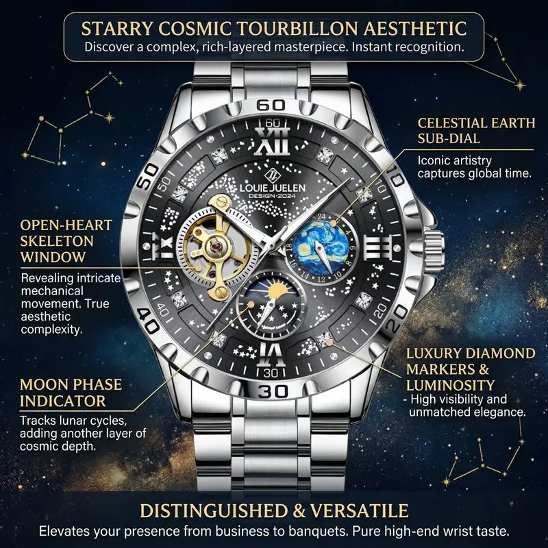 1pc Fashion Men's Mechanical Watch with Starry Sky Dial, Moon Phase, Stainless Steel Strap Trendy Wristwatch