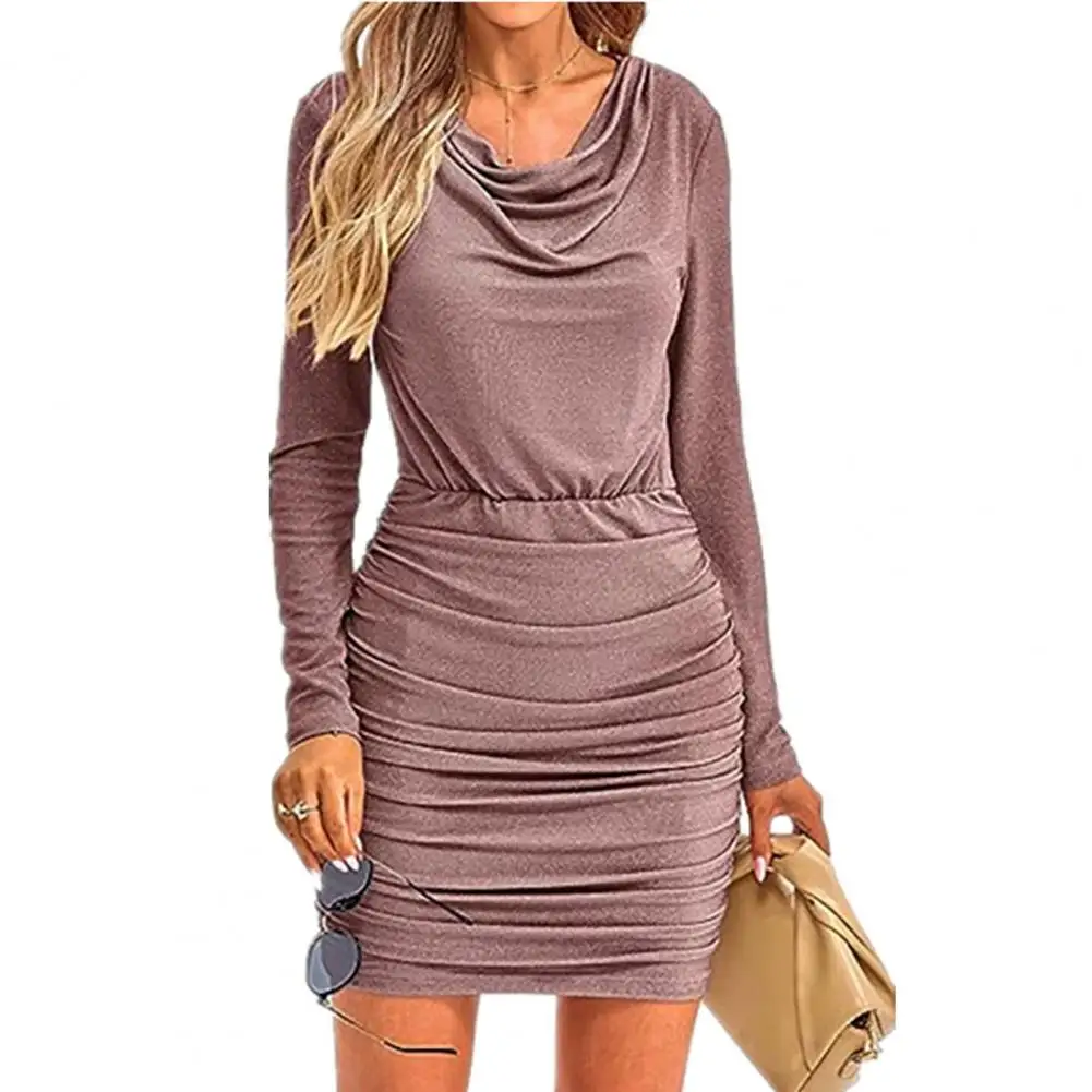 

Female Slim Dress Slim Fit Dress Sparkling Bodycon Mini Dresses Chic Cowl Neck Long Sleeve Ruched Club Cocktail Wedding Guest