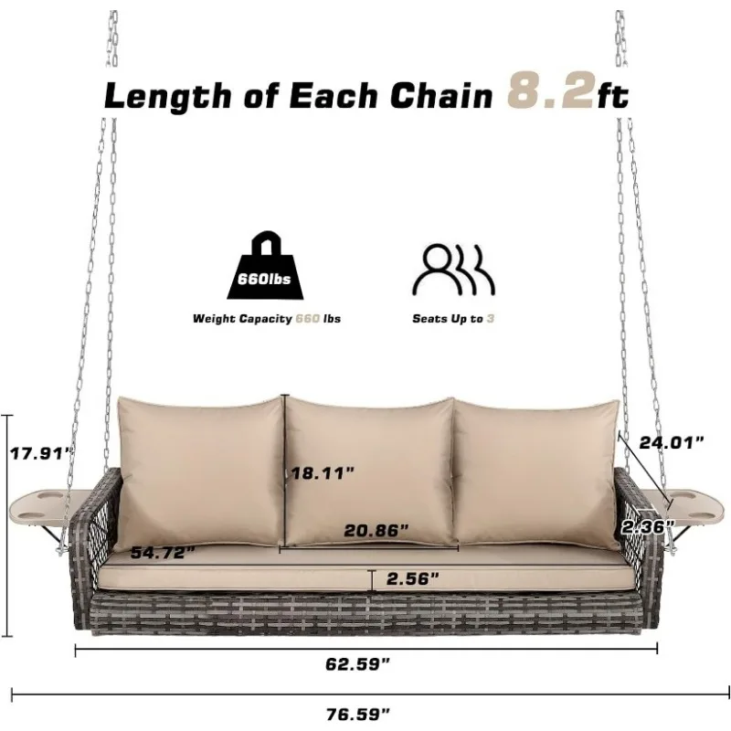 Outdoor Rattan Swing Bench com Almofada e Travesseiro, Wicker Hanging Porch Swing Chair, Pátio Bench, 3 pessoas