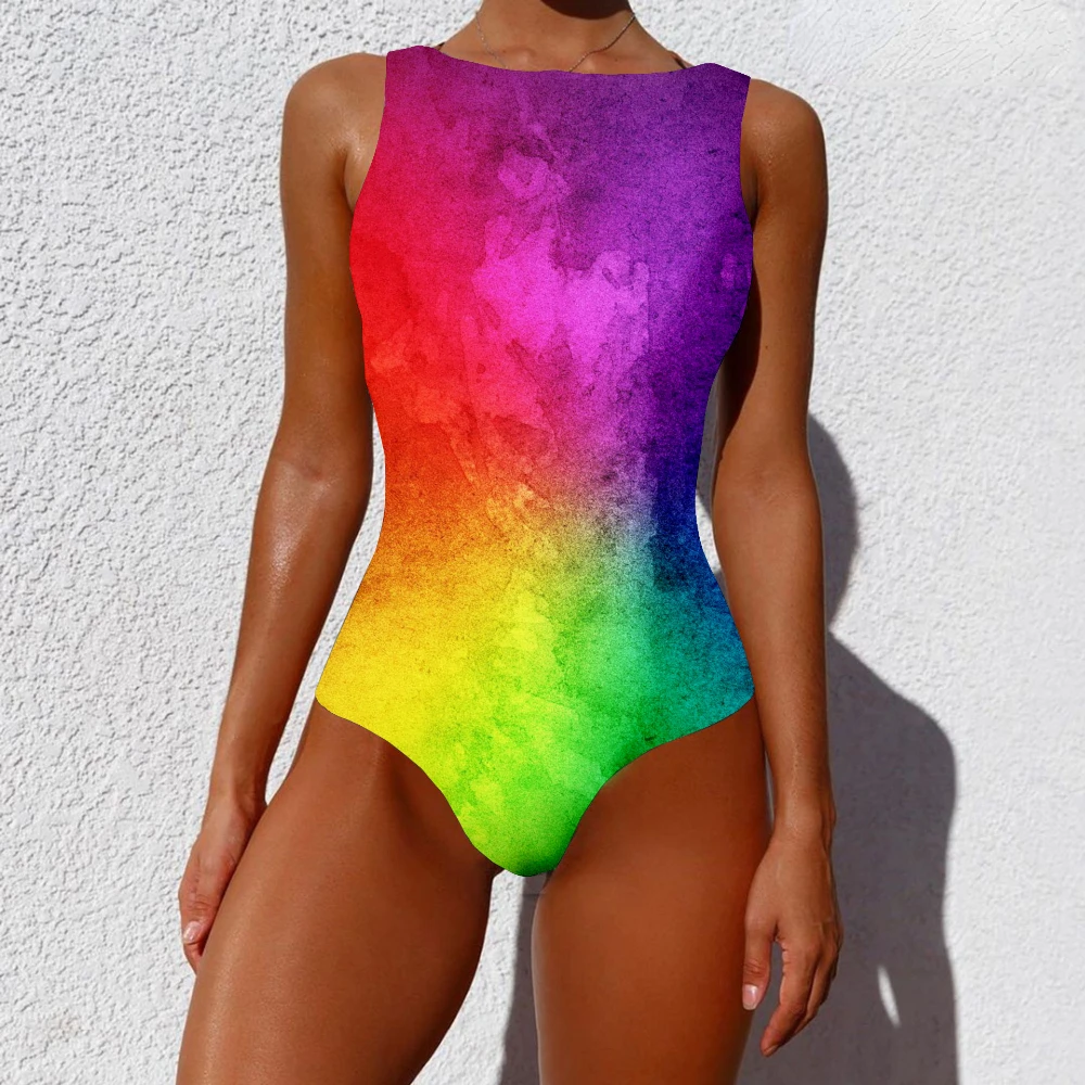 One Piece Sexy Bra Swimsuit Rainbow Colors Galaxy Printed Casual Sportswear Swimwear Beach Swimming Suit for Women Clothing