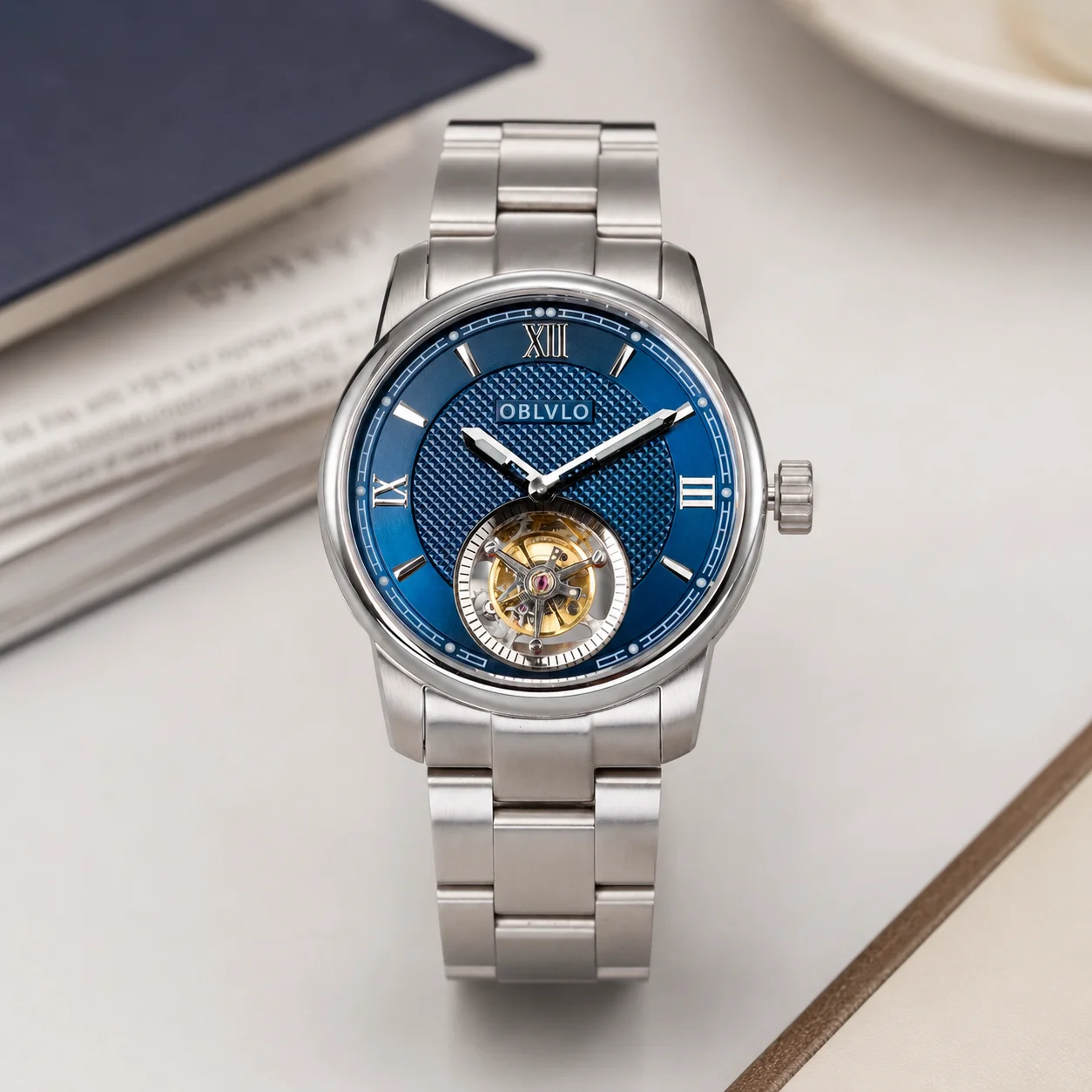 OBLVLO High-end Mens 316L Stainless Steel Tourbillon Automatic Watch Elegant Bracelet Band See-through Mechanical Movement JM-TB