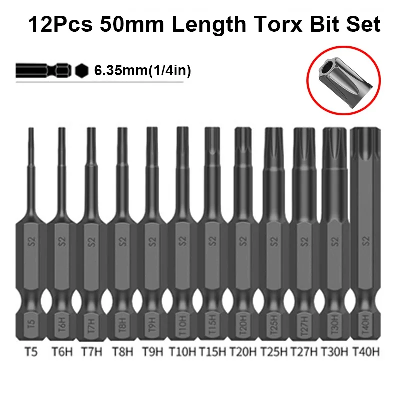 

12Pcs Torx Bit Set 50mm Torx Head Screwdriver Bits with Hole S2 Steel Magnetic Tip Torx Head Drill Bit for Electric Screwdriver