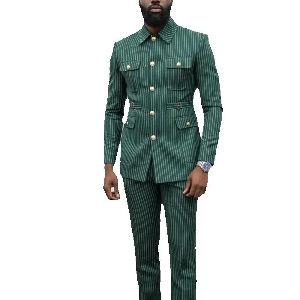 Stylish Pinstriped Customized Casual Suit Stand Lapel Front Flat Slim Outfit Single Breasted Green Business Work Office Wear