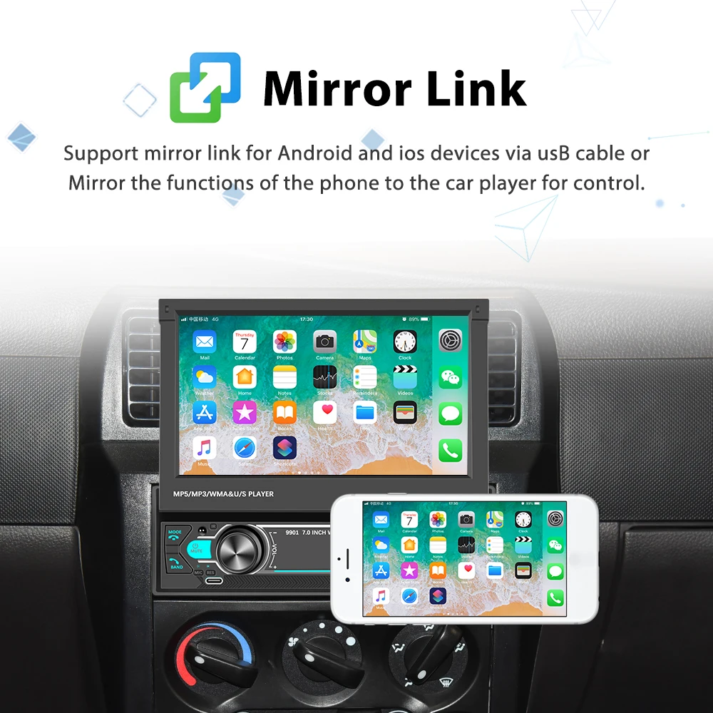 Podofo 7'' Touchscreen 1Din MP5-Player mit ausfahrbarem Bildschirm, Multimedia-Player, Bluetooth, FM, EQ, Mirror Link, Typ-C-Ladung, SWC, Autoradio