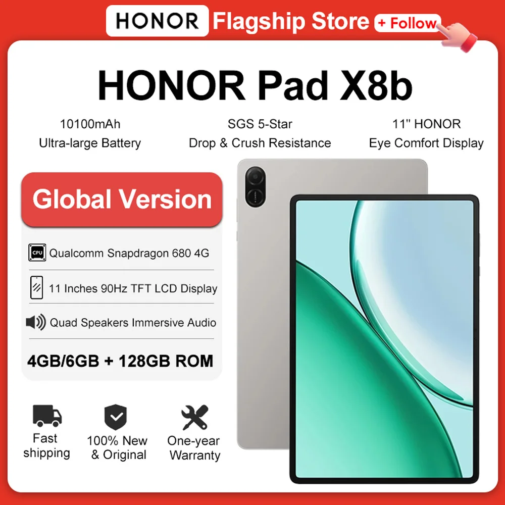 HONOR Pad X8b Global Version WiFi/LTE Tablet PC 11'' IPS Display Snapdragon 680 4G 10100mAh Ultra Large Battery Android 16