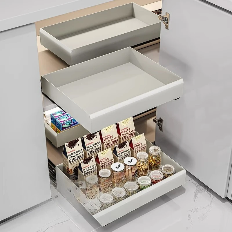 Cabinet drawer type non-punching bottom pull-out slide storage dishes seasoning rack