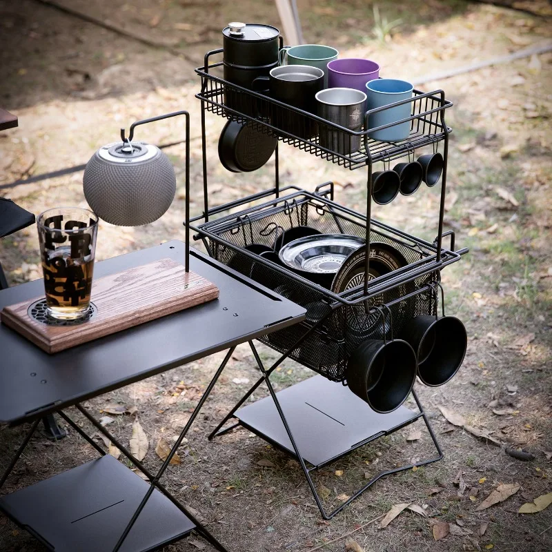 Double Layer Camping Storage Shelf Foldable Thicked Camp Carbon Steel Storage Rack Anti-rust Large Capacity Hiking Outdoor Tools