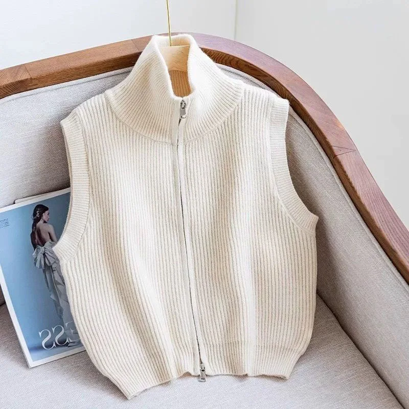 Women Turtleneck Cardigan Waistcoat Autumn Winter Zipper Office Lady Sleeveless Knit Vests All-match Loose Solid Sweater Vest