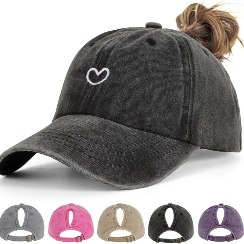 1 Stück Retro Gewaschene Baseballkappe mit Kleiner Herz-Stickerei für Frauen, Verstellbare Damen-Kappe für Outdoor-Sport und Tägliches Tragen